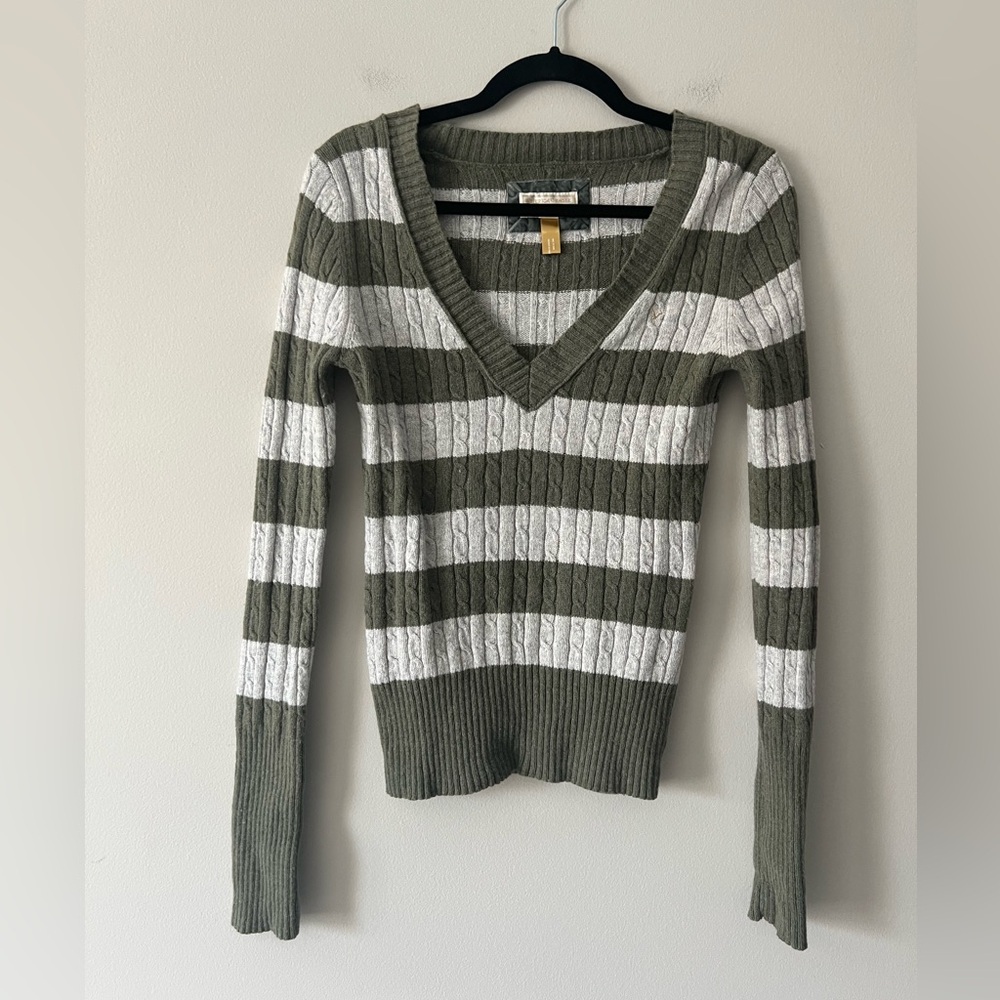 Vintage Y2K American Eagle Cable Knit V Neck Sweater Olive Green Cream Stripe M
